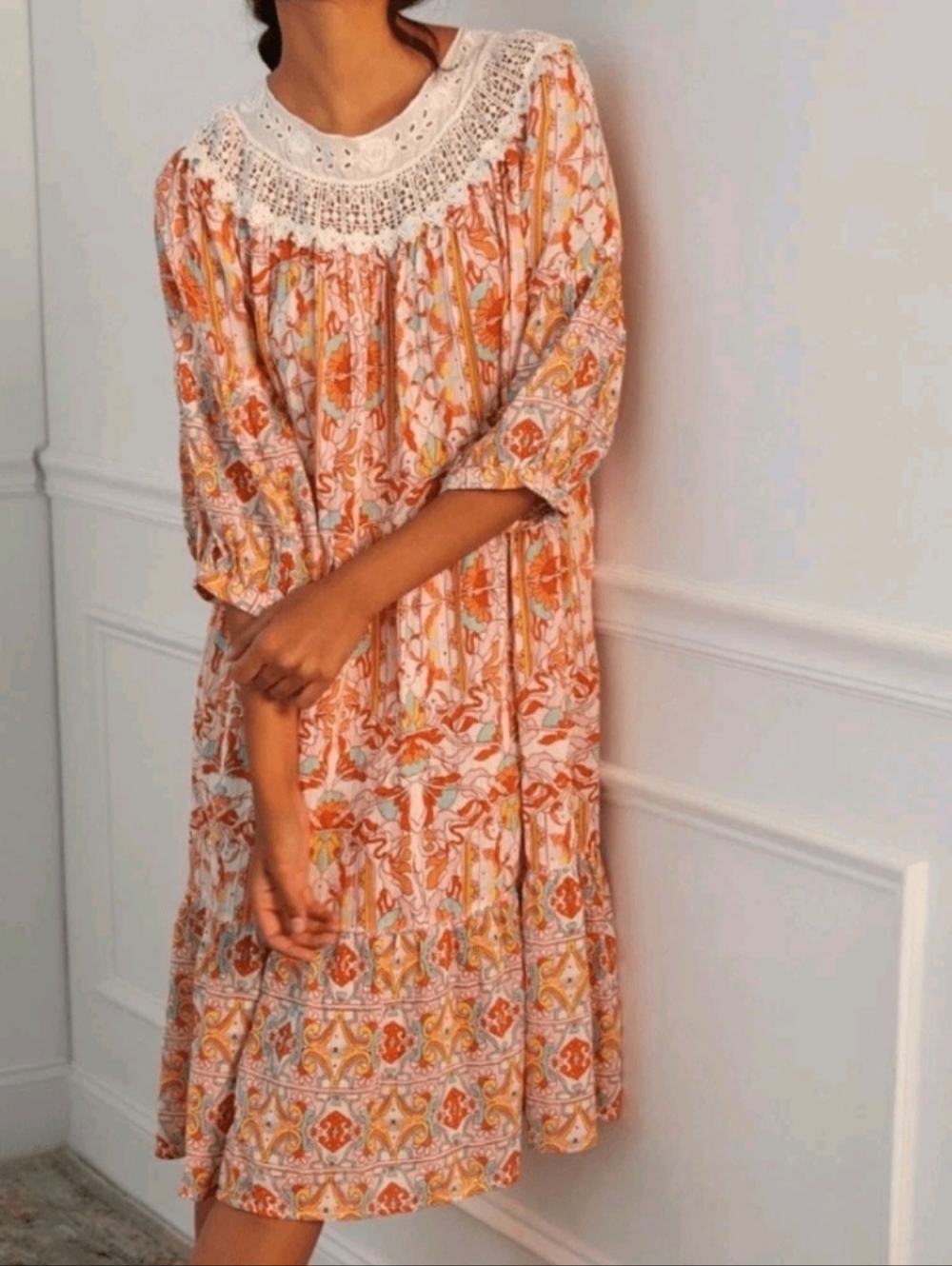 Anthropologie Florence Floral Lace Lounge Dress Cottagecore Cotton Size Large